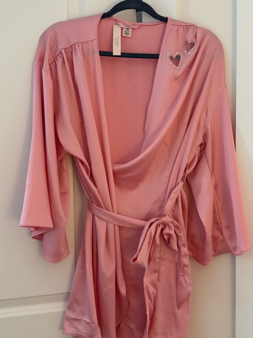 Victoria's Secret Pink Satin Wrap Robe with Heart Embellishments